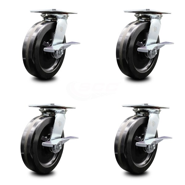 8 Inch Heavy Duty Phenolic Caster Set with Ball Bearings and Brakes SCC